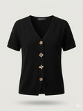 Solid V-Neck Mismatched Button Short Sleeve Cardigan