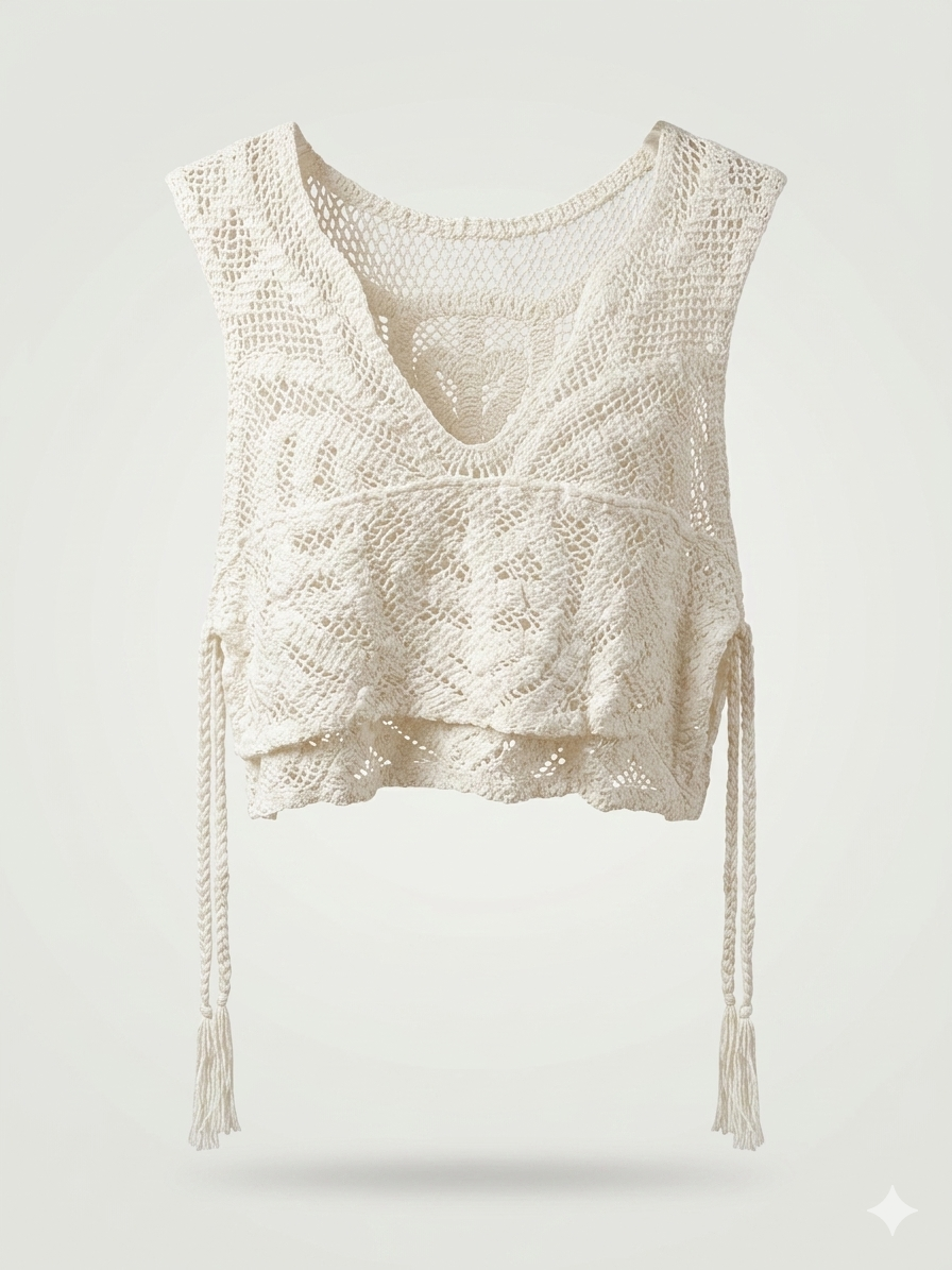 Pointelle Knit V-Neck Crop Vest with Side Ties
