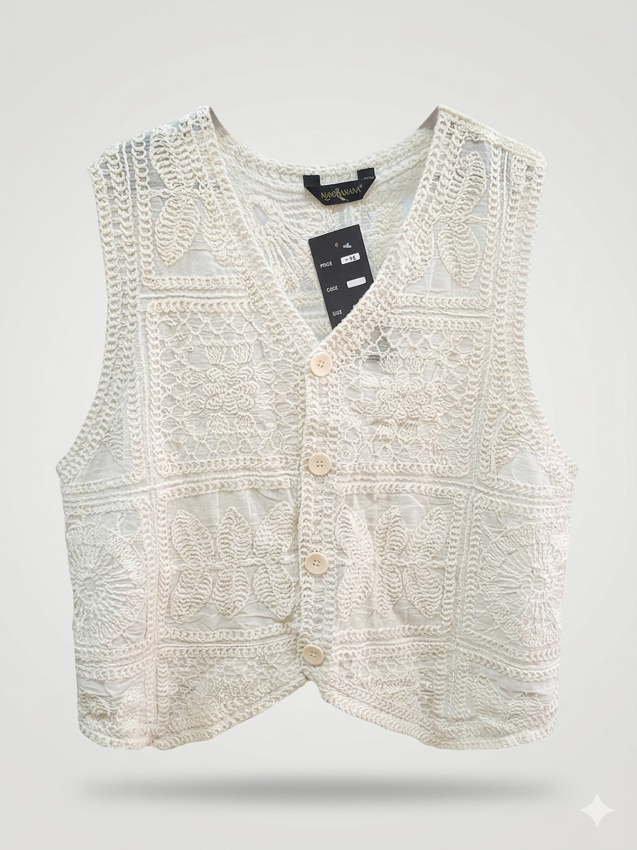 Boho Mixed-Media Crochet Trim Vest