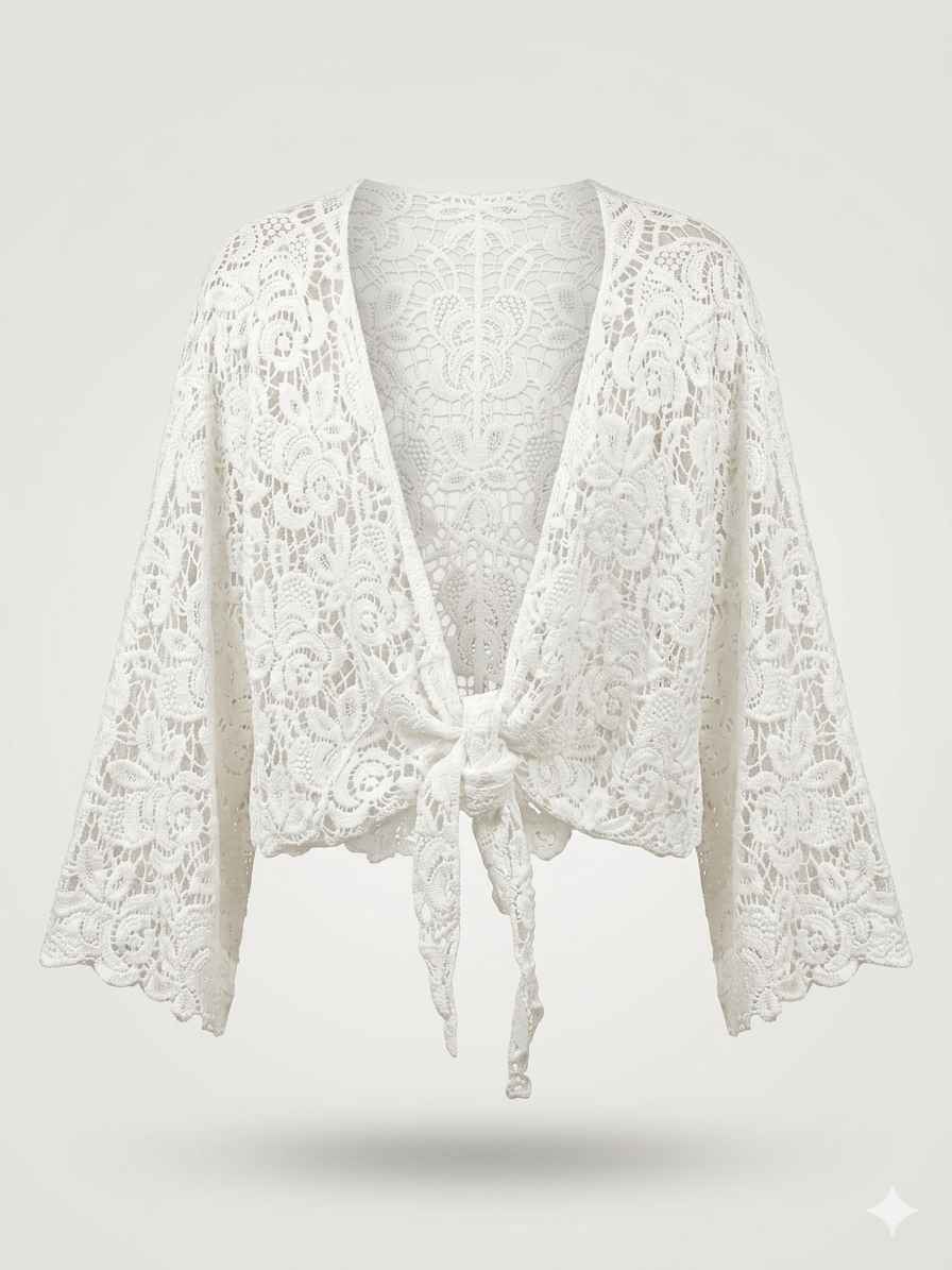 Boho Flared-Sleeve Openwork Front-Tie Cardigan