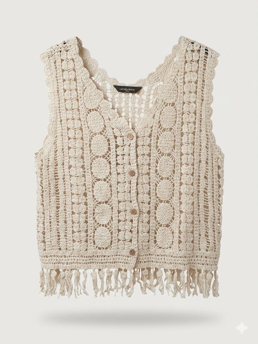 LACHICA Vertical Medallion Crochet Button-Up Vest with Fringe