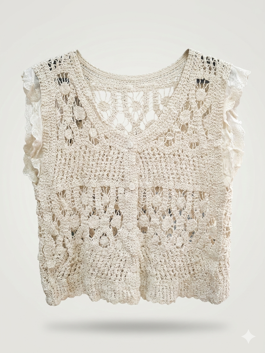 Ruffled Cap-Sleeve Rosette Crochet Vest