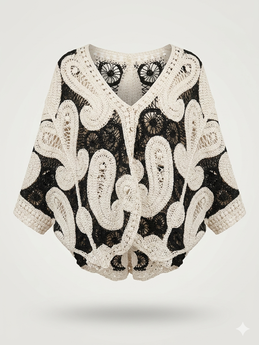 Oversized Paisley Lace Contrast Crochet Cardigan