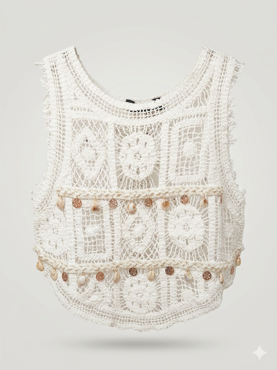 Cowrie Shell & Coin Fringe Crochet Crop Top