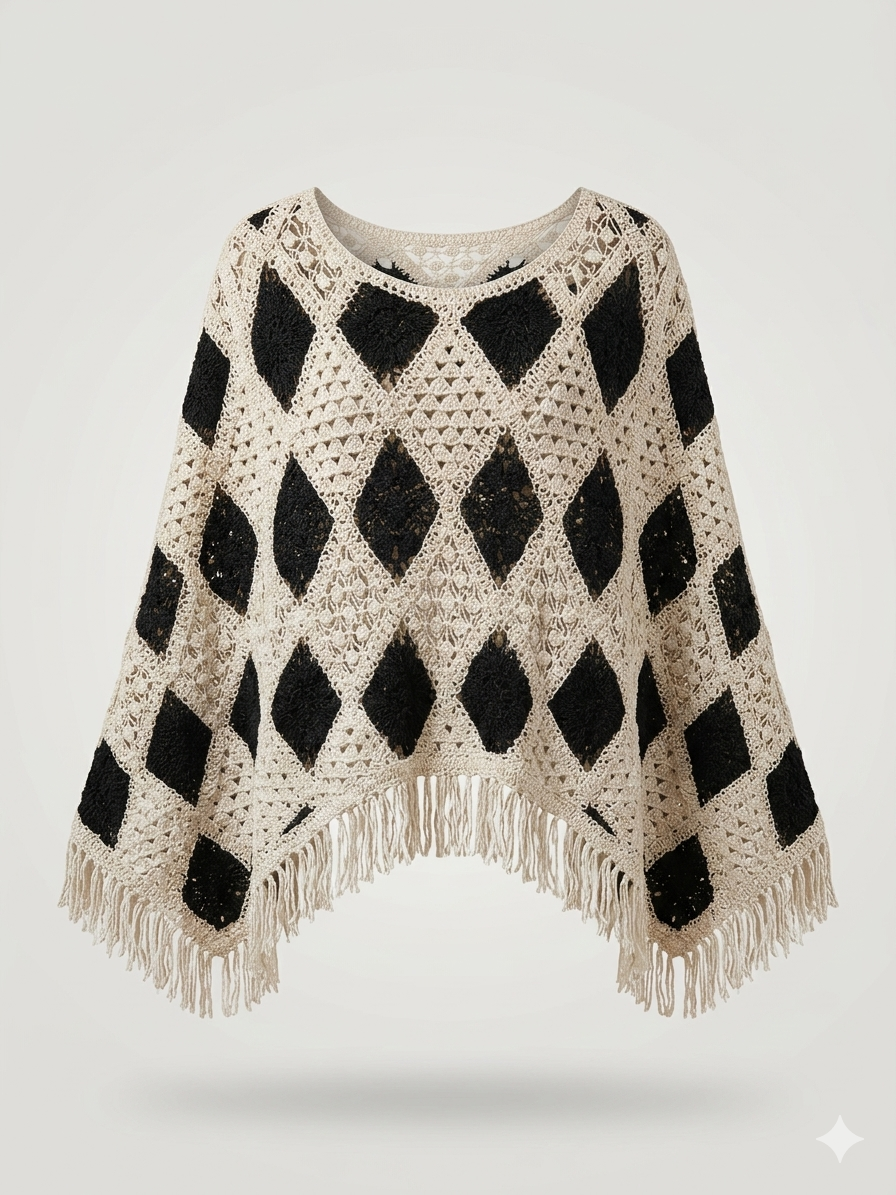 Argyle Diamond Crochet Poncho with Fringe Trim
