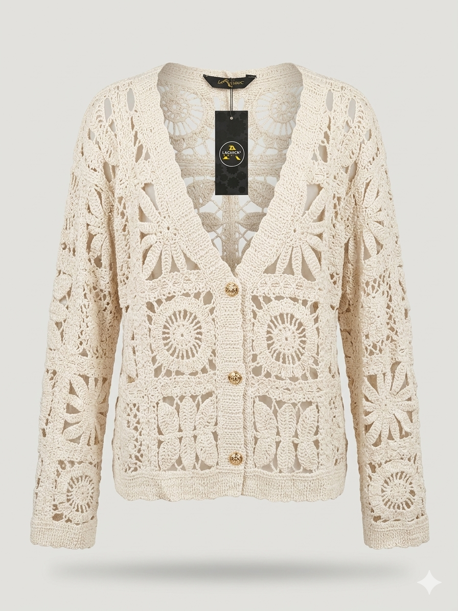 LACHICA BASIC Mixed Geometric Patchwork Crochet Cardigan