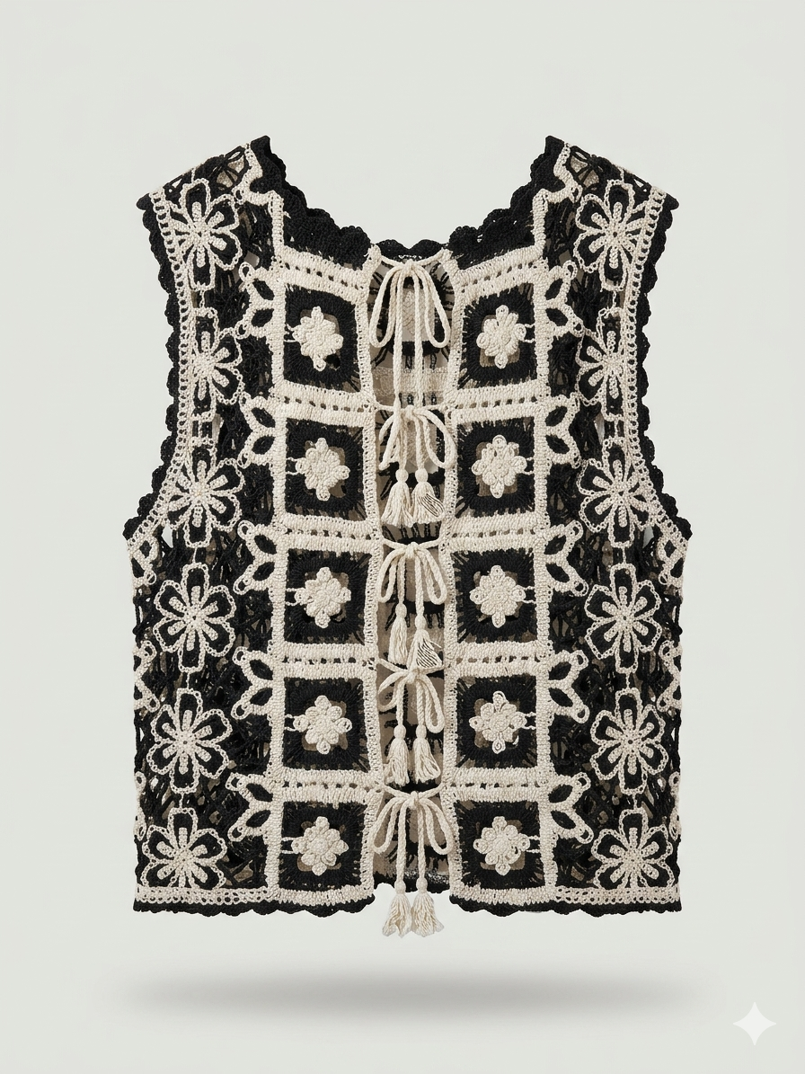 Contrast Square Patchwork Multi-Tie Crochet Vest