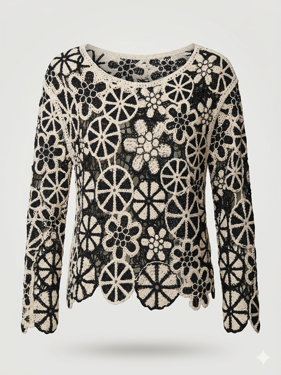 Boho Interlocking Botanical Medallion Long-Sleeve Top