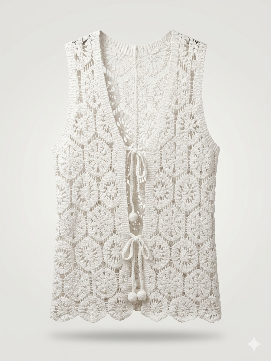 Hexagonal Rosette Tie-Front Crochet Vest