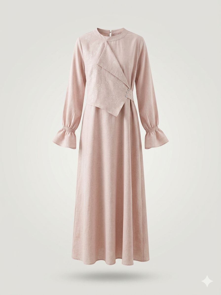 Boho Mock-Wrap Smocked-Cuff Slub Linen DressBoho Mock-Wrap Smocked-Cuff Slub Linen Dress
