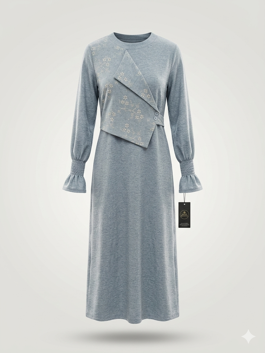 Boho Mock-Wrap Smocked-Cuff Slub Linen DressBoho Mock-Wrap Smocked-Cuff Slub Linen Dress
