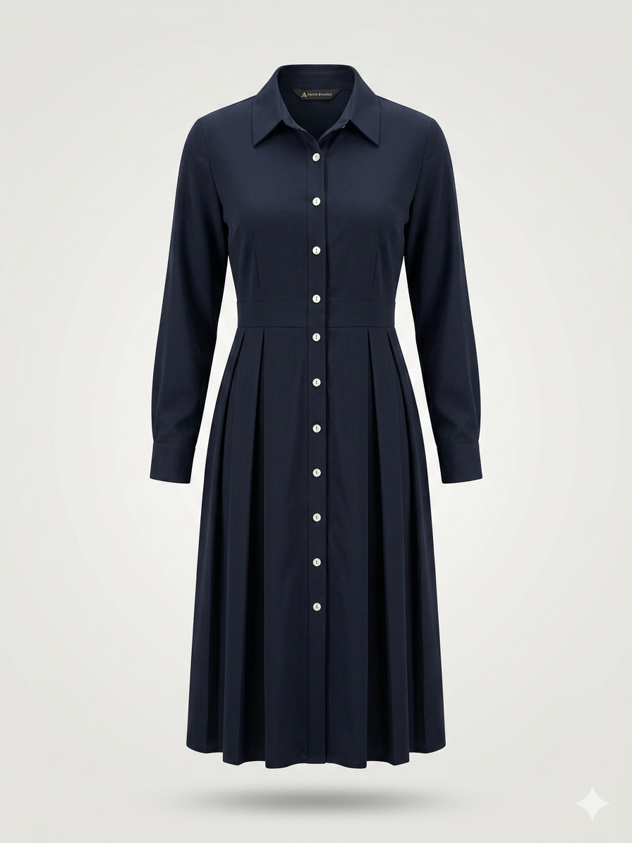 Tailored Pleated Midi Shirt-Dress