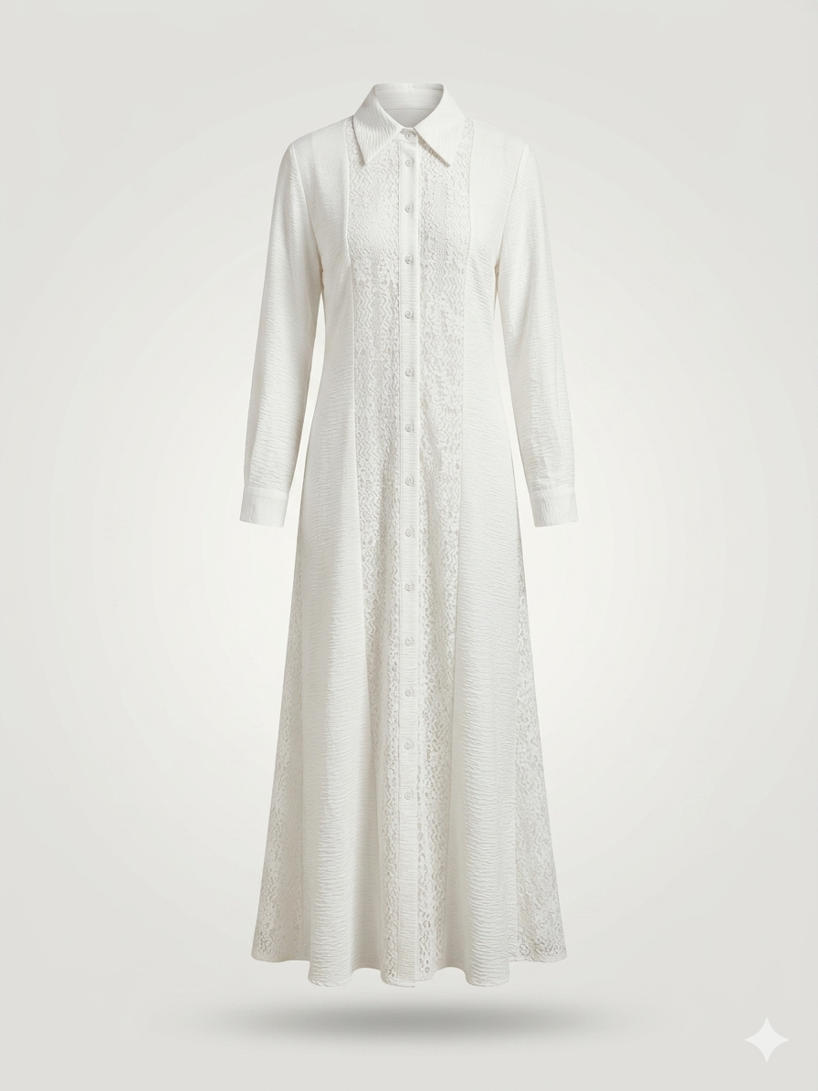 Lace-Panel Textured Seersucker Maxi Shirt-Dress