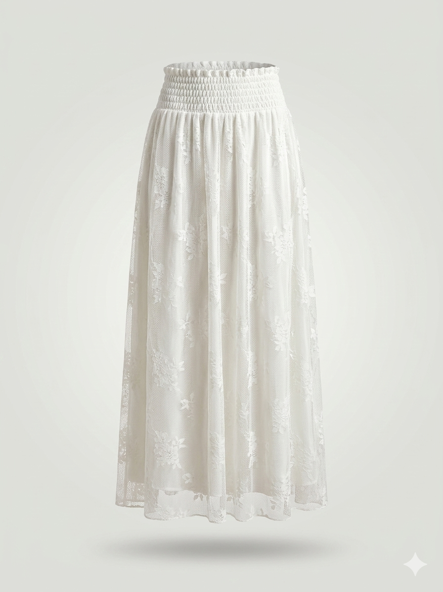 Smocked Floral Lace Maxi Skirt