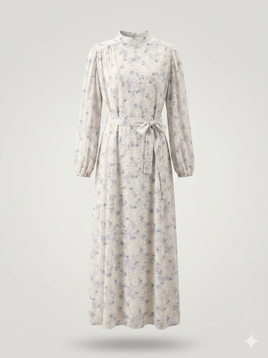 Romantic Floral Lace Overlay Mock-Neck Dress