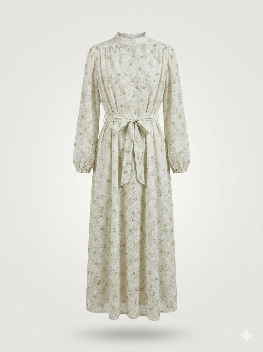 Romantic Floral Lace Overlay Mock-Neck Dress