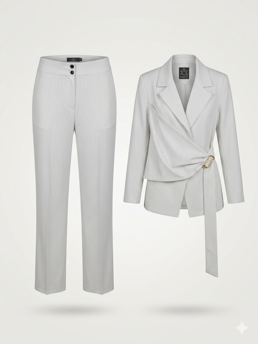 Asymmetric Drape Wrap Pinstripe Pantsuit Set