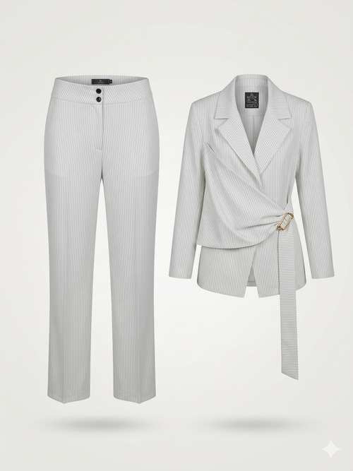 Asymmetric Drape Wrap Pinstripe Pantsuit Set