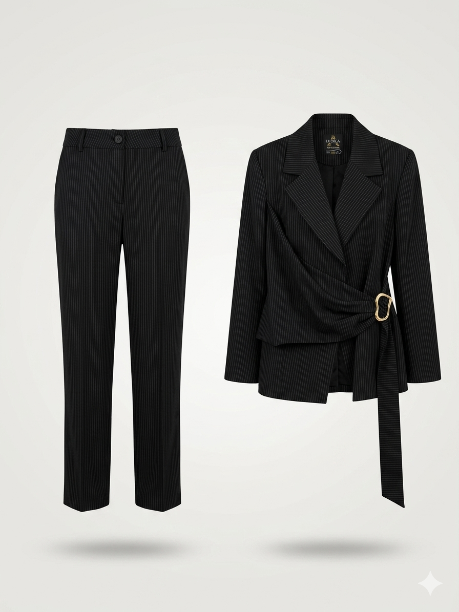 Asymmetric Drape Wrap Pinstripe Pantsuit Set