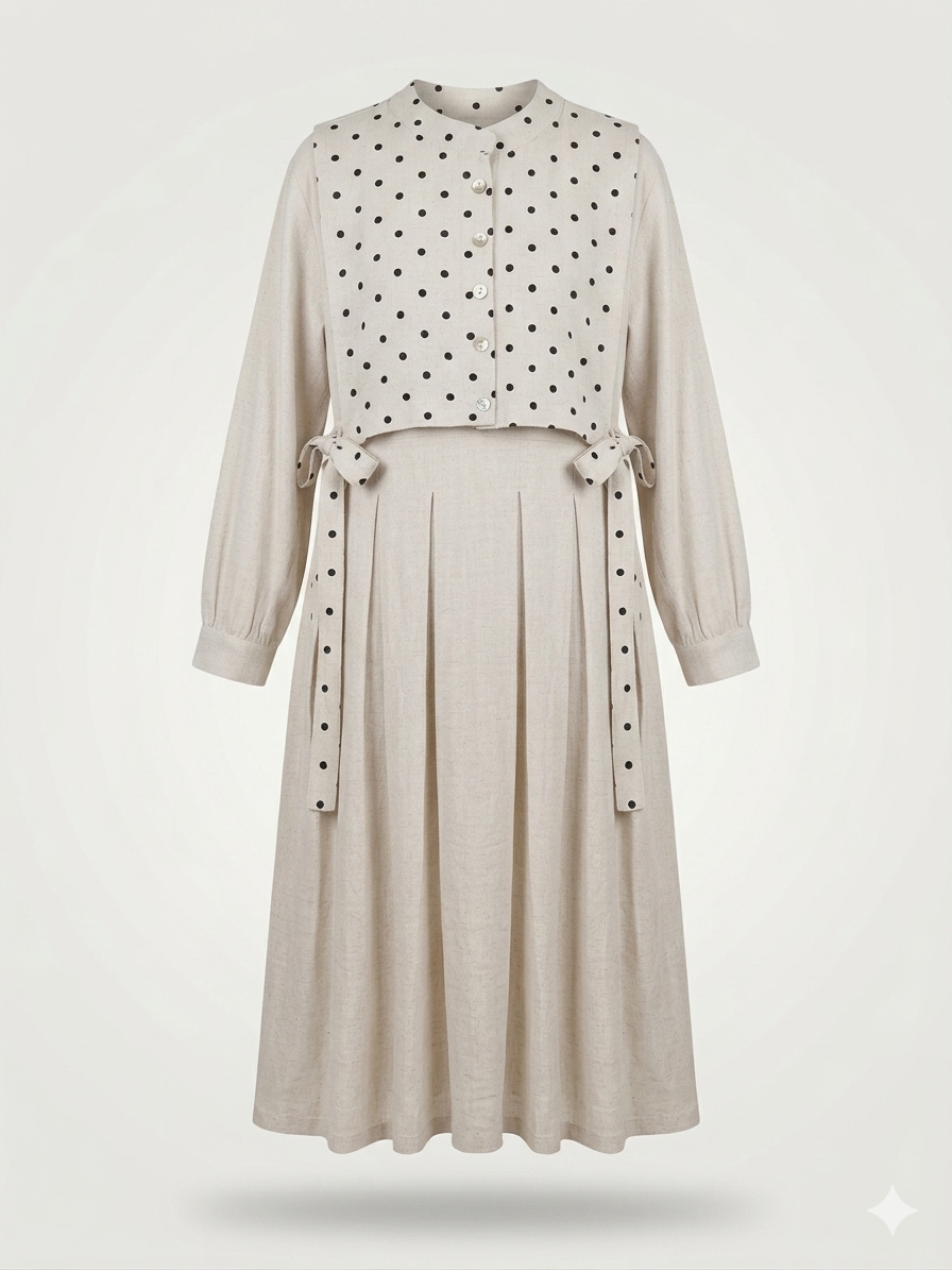 Polka-Dot Bib Layered Linen Maxi Dress