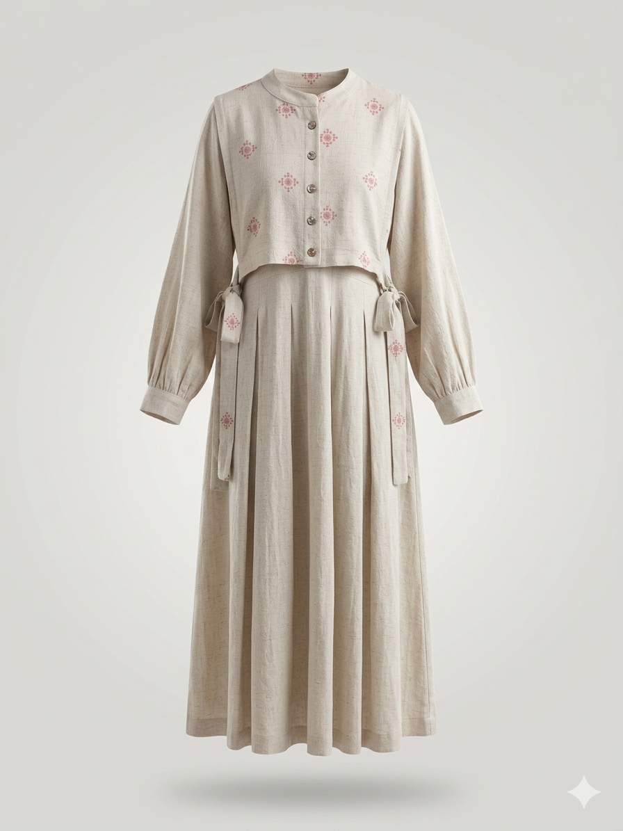Artisanal Tile-Embroidered Linen Maxi Dress