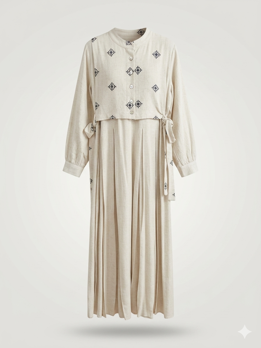 Artisanal Tile-Embroidered Linen Maxi Dress