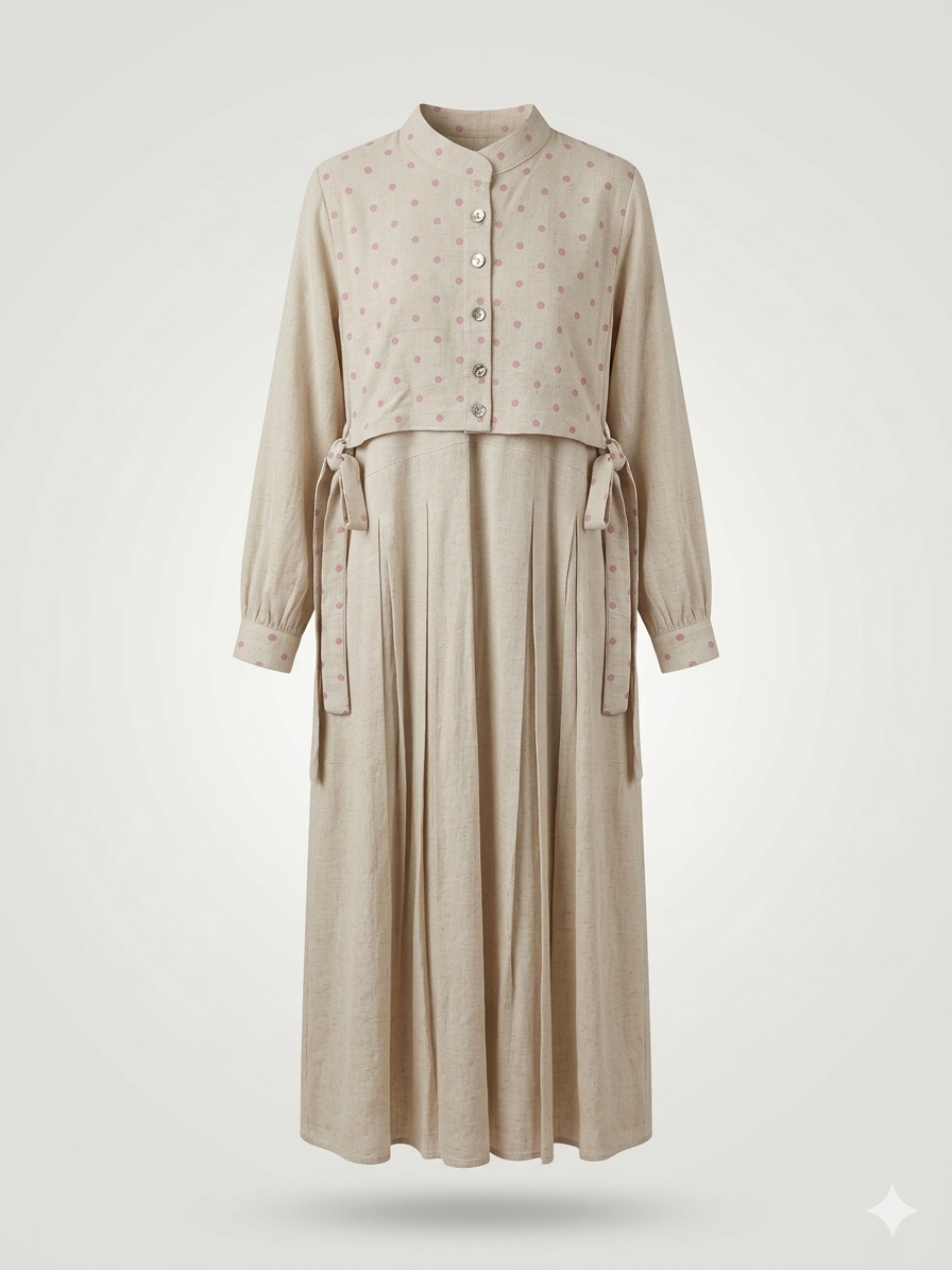 Polka-Dot Bib Layered Linen Maxi Dress
