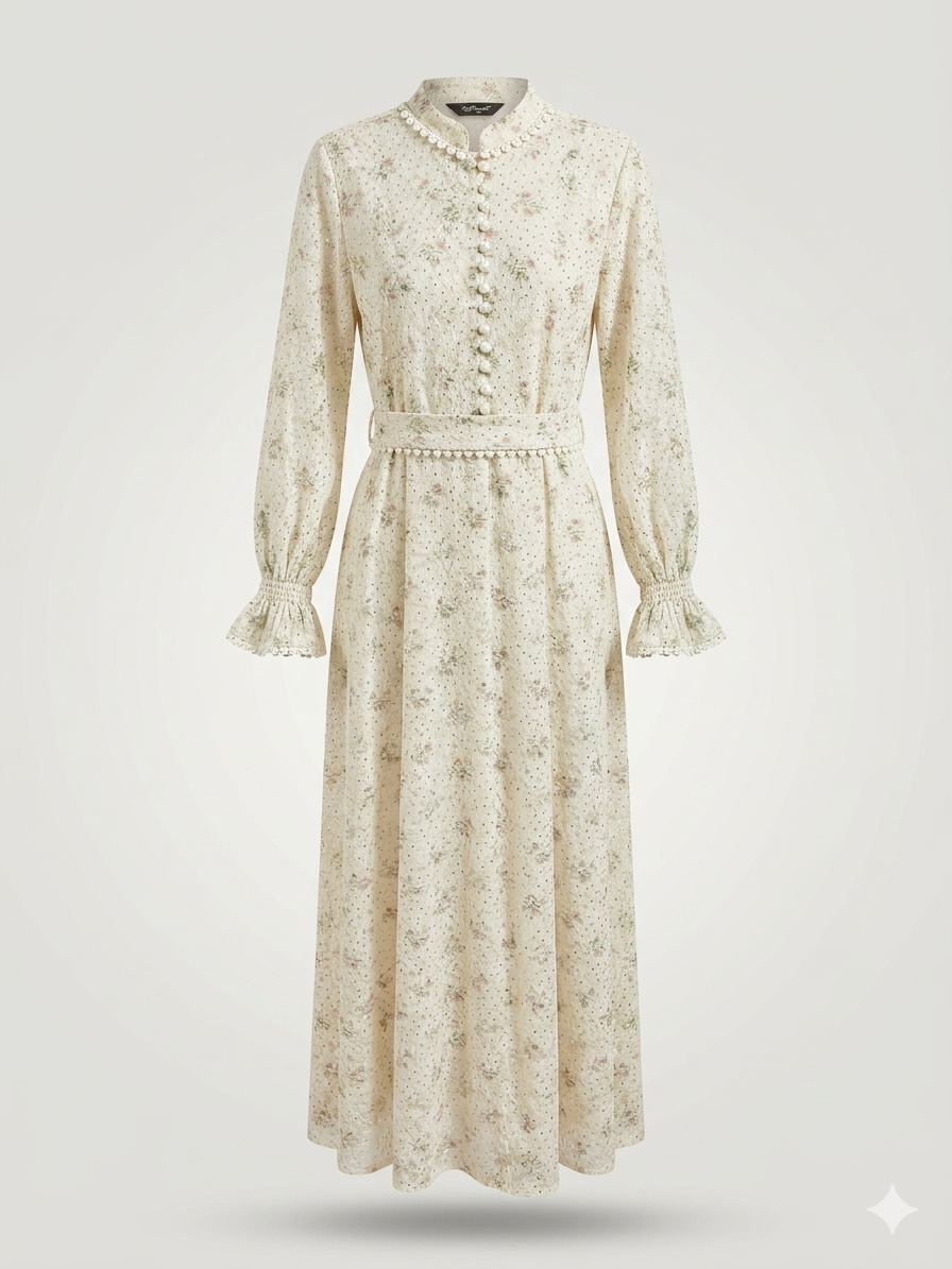 Pointelle Lace Mandarin-Collar Cottagecore Dress