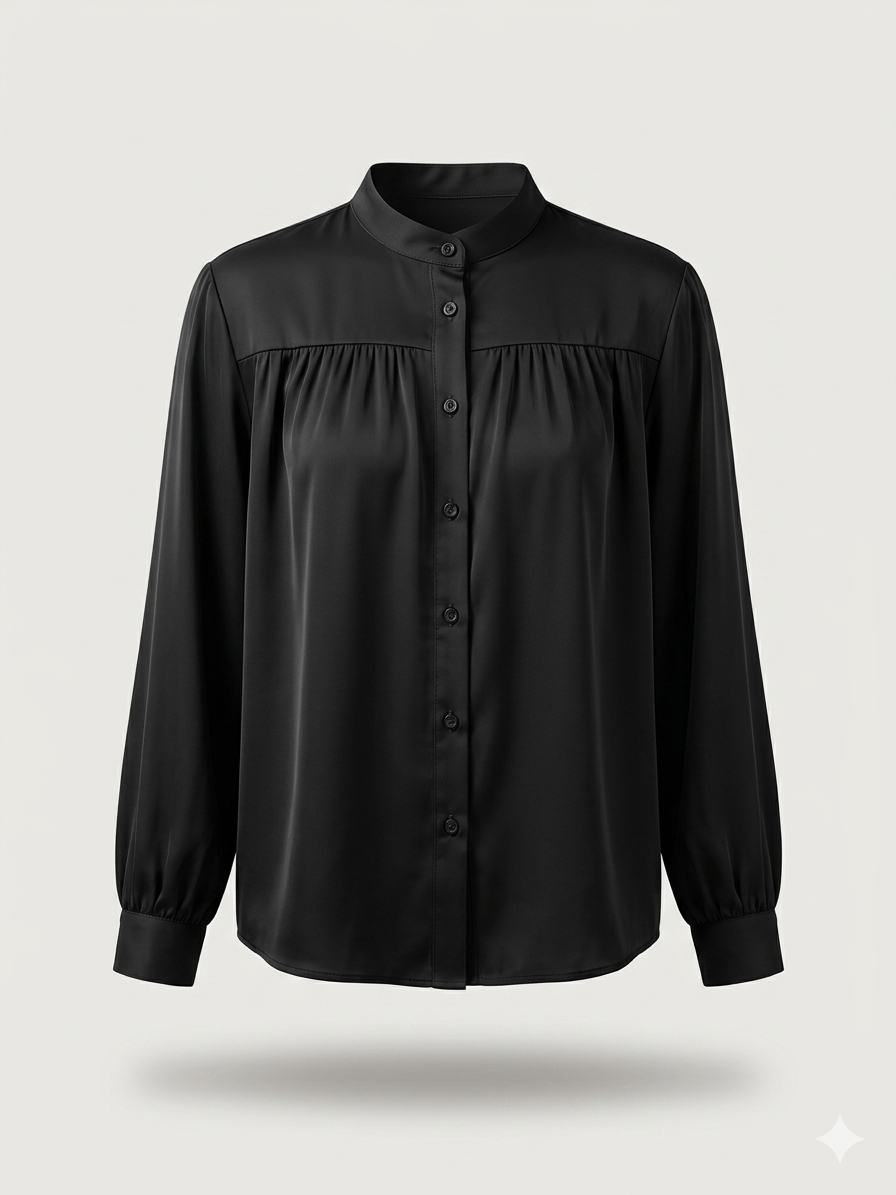 Minimalist Band-Collar Liquid Satin Blouse