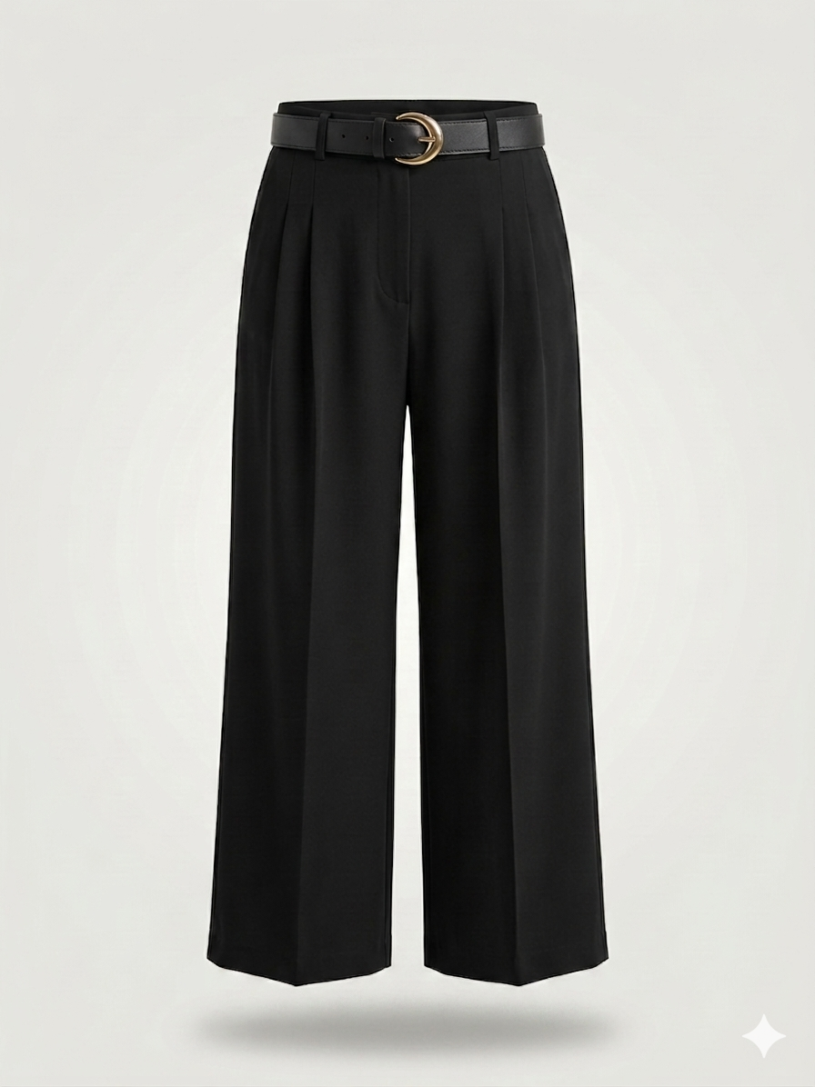High-Waisted Pleated Wide-Leg Trousers with Western Belt