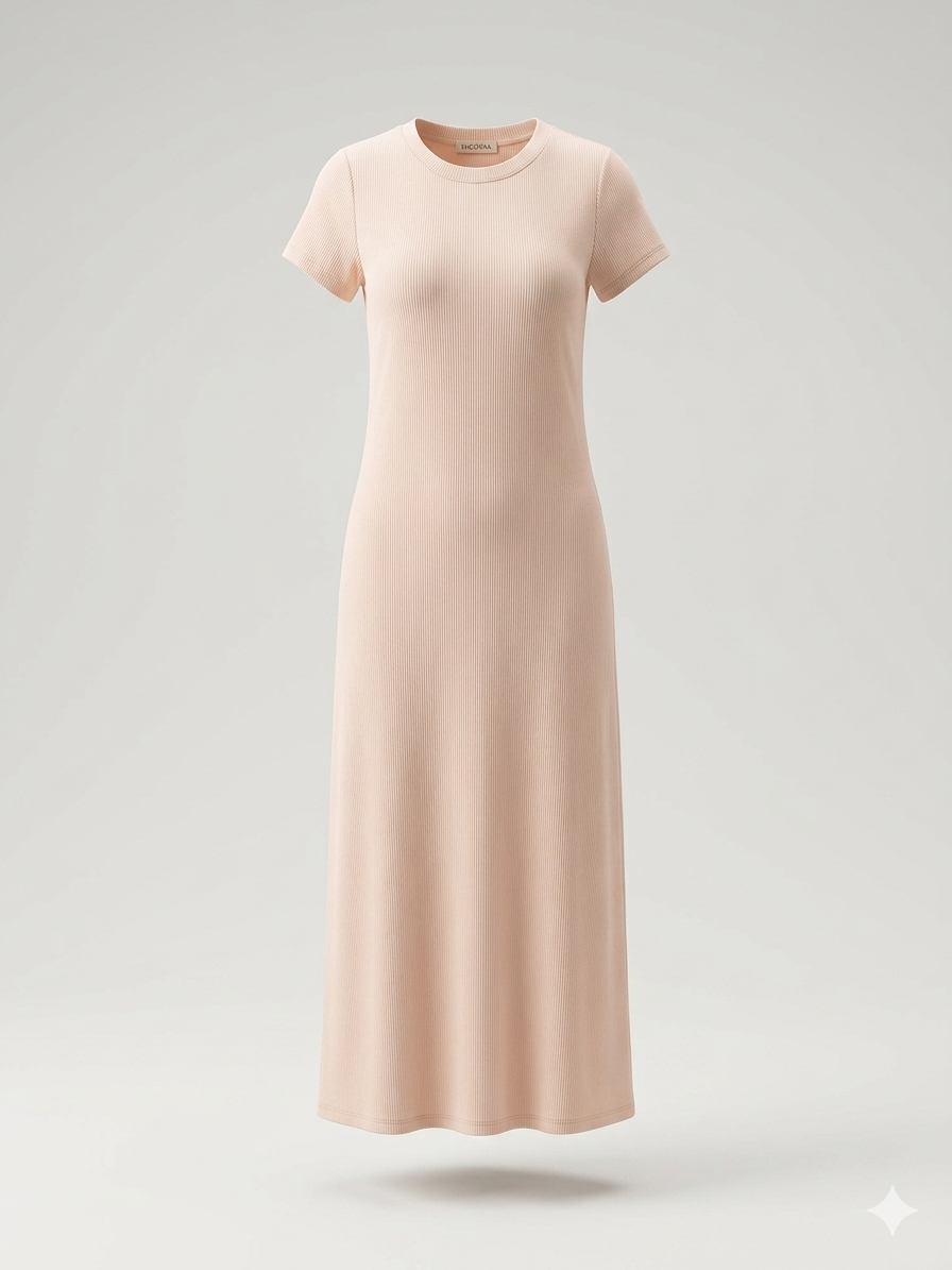 Rib-Knit Short-Sleeve Maxi Column Dress