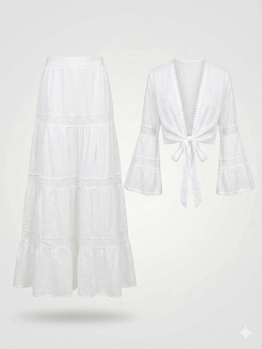 Two-Piece Embroidered Lace Maxi Skirt and Tie-Front Top Set