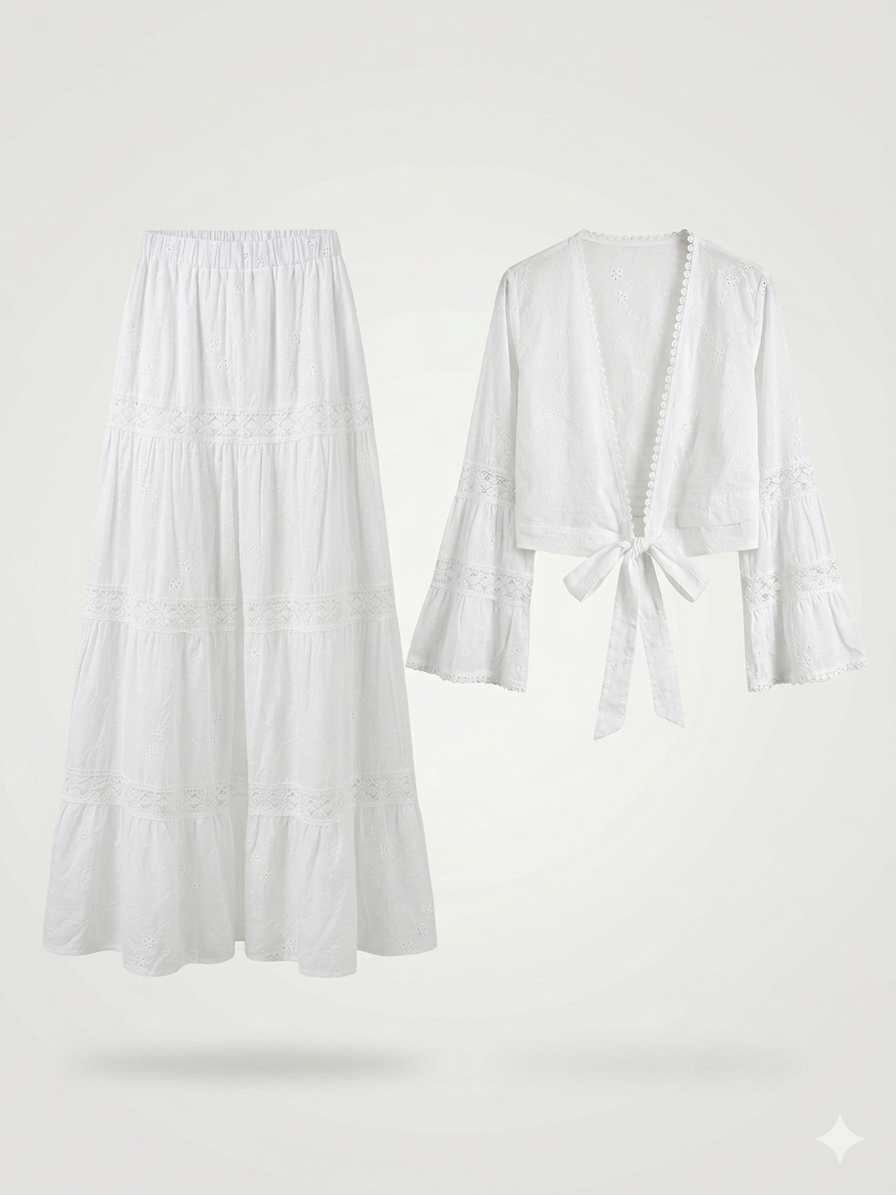 Two-Piece Embroidered Eyelet Cotton Maxi Skirt and Tie-Front Top Set