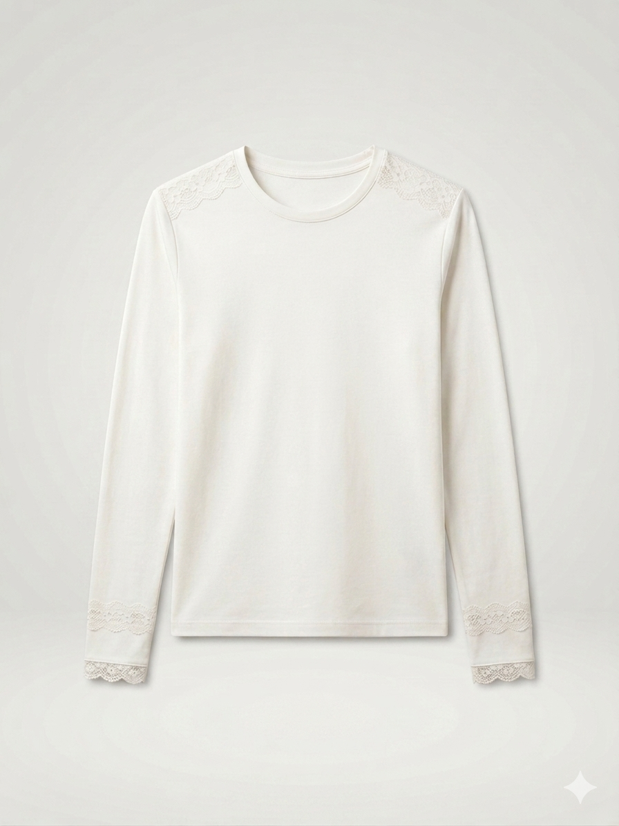 Lace-Trimmed Long-Sleeve Crewneck Knit Top