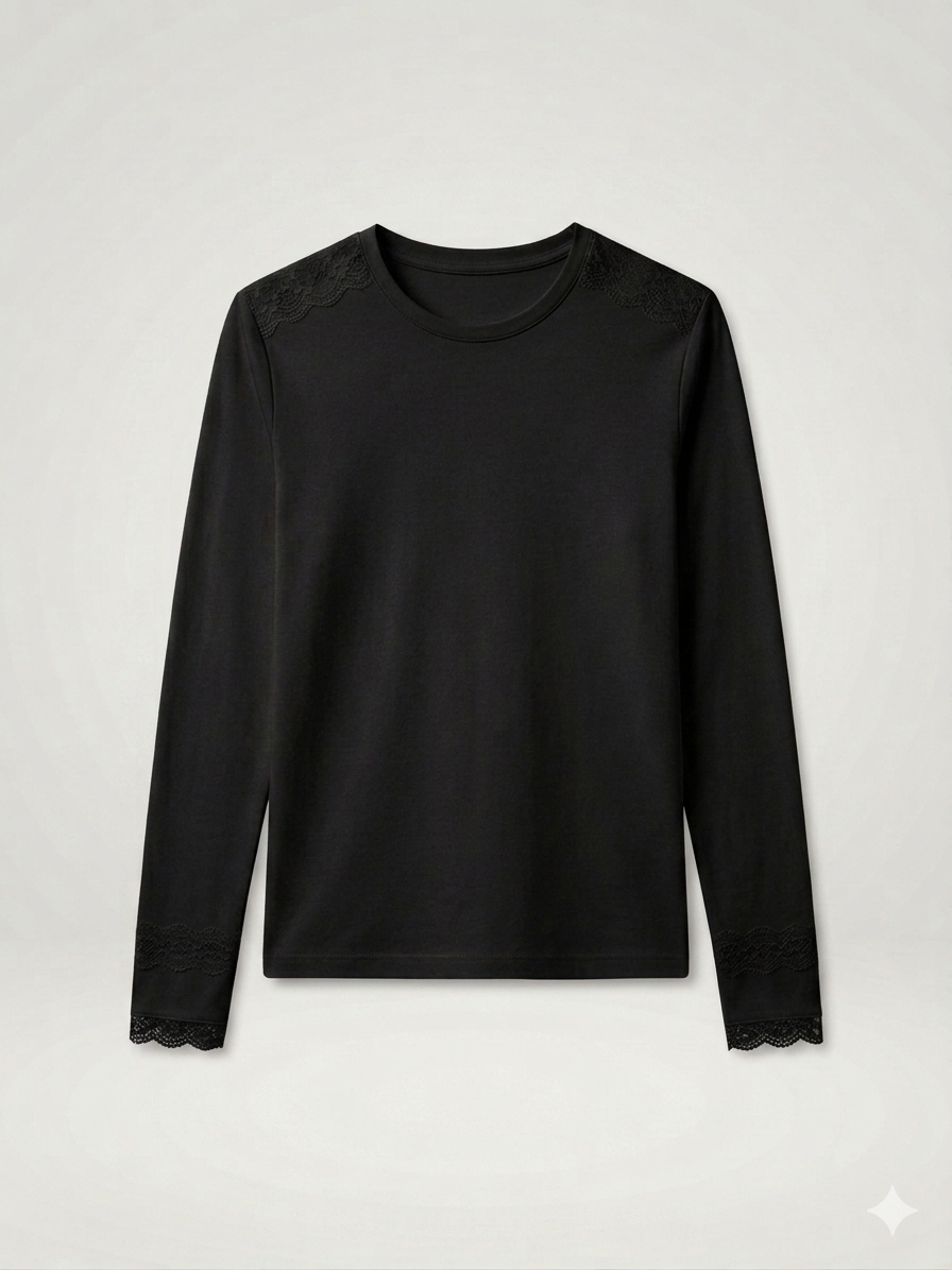 Lace-Trimmed Long-Sleeve Crewneck Knit Top