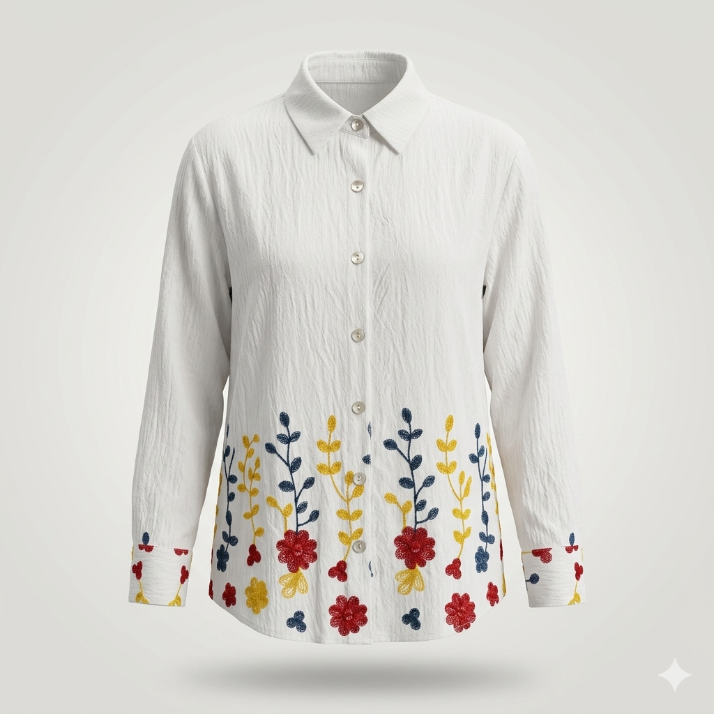 Floral Embroidered Hem Textured Button-Down Blouse