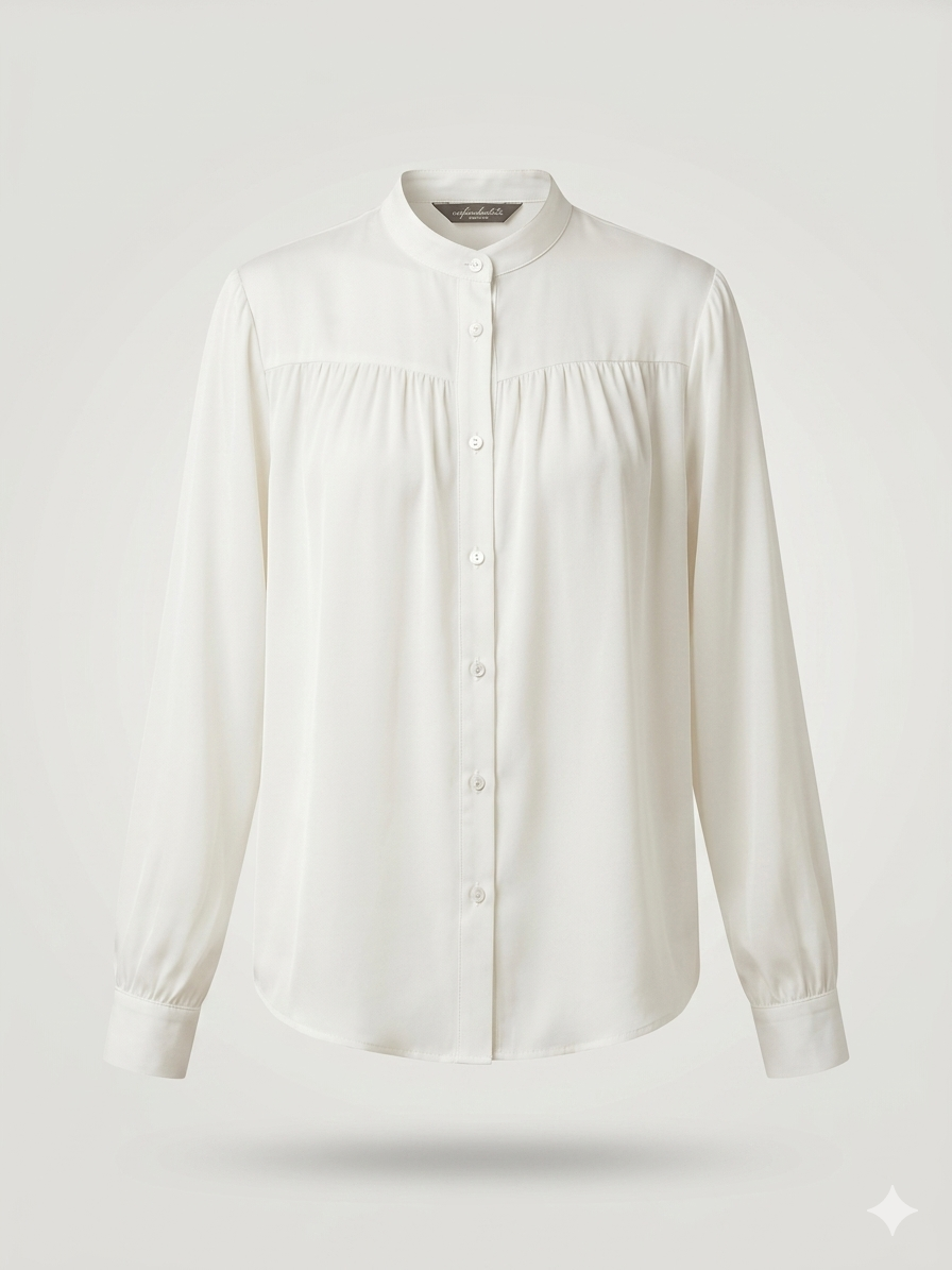 Satin Mandarin-Collar Gathered Blouse