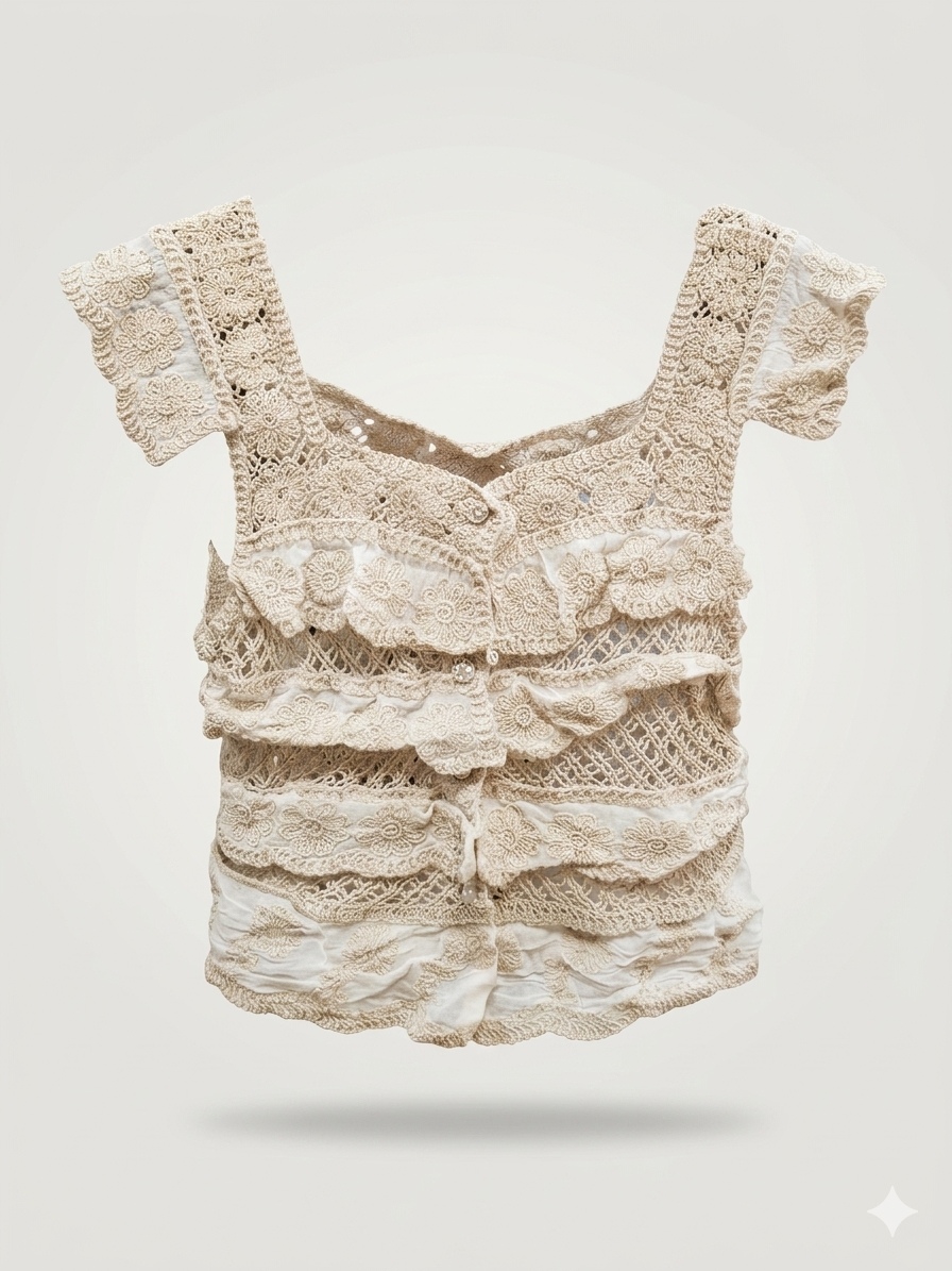Boho Flutter-Sleeve Square-Neck Crochet Cardigan Top
