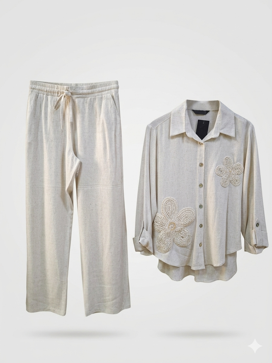 Floral Applique Linen-Blend Two-Piece Lounge Set
