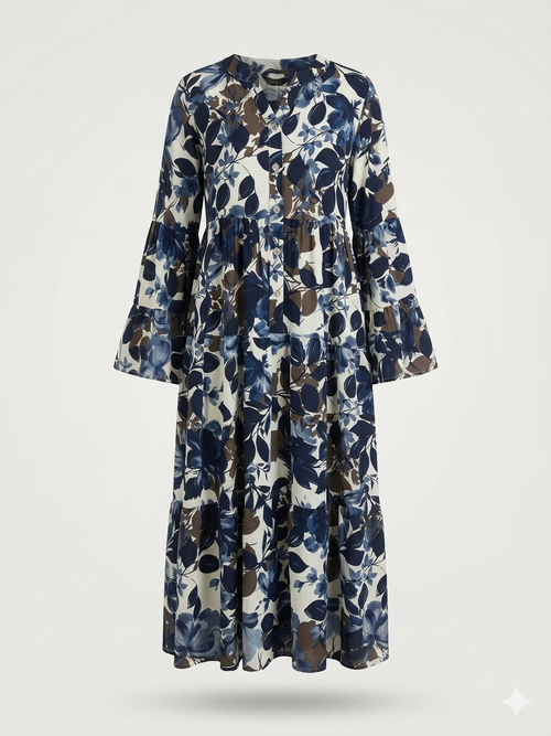 Botanical Leaf-Print Tiered Midi Dress