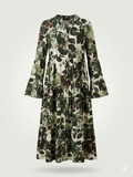 Botanical Leaf-Print Tiered Midi Dress