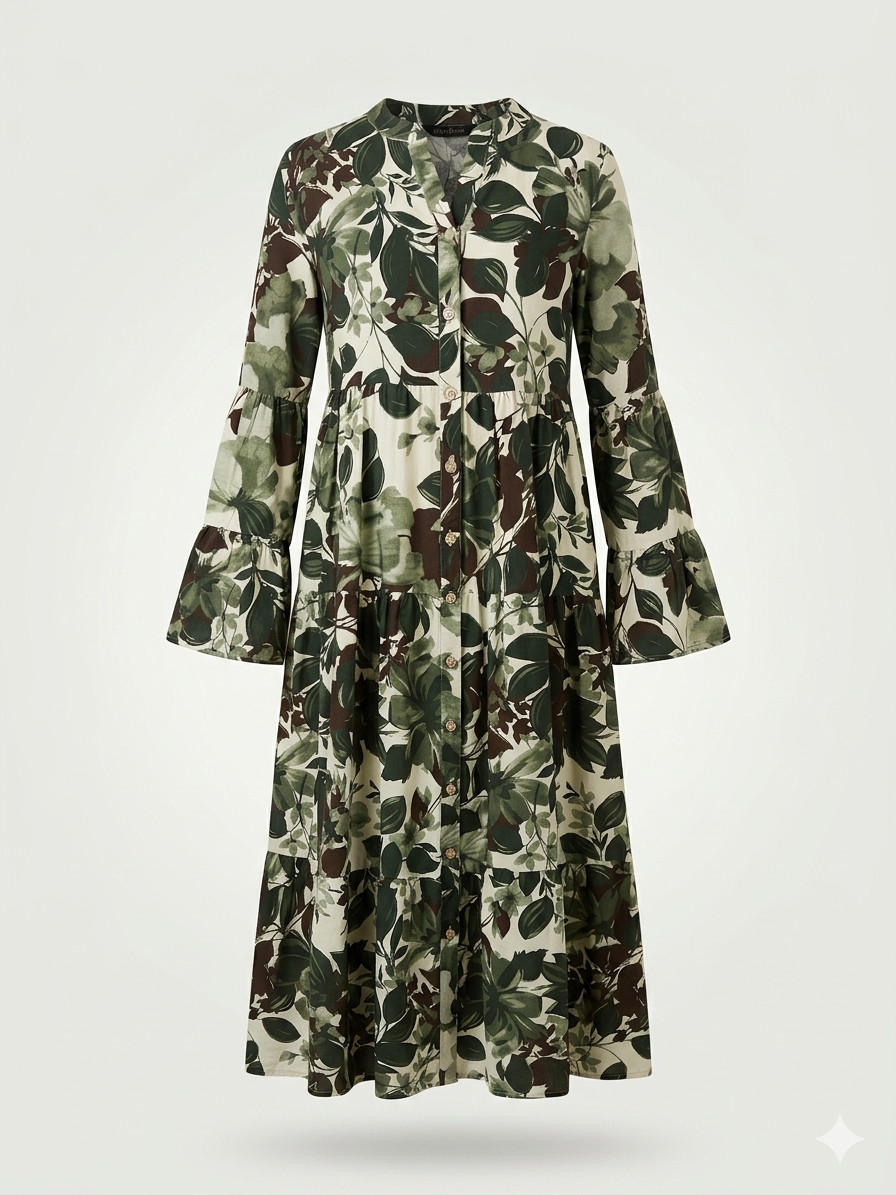Botanical Leaf-Print Tiered Midi Dress