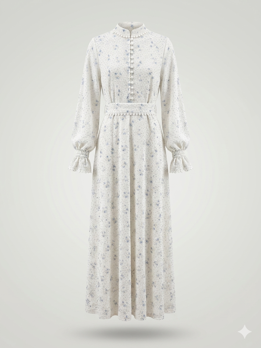 Pointelle Lace Mandarin-Collar Cottagecore Dress