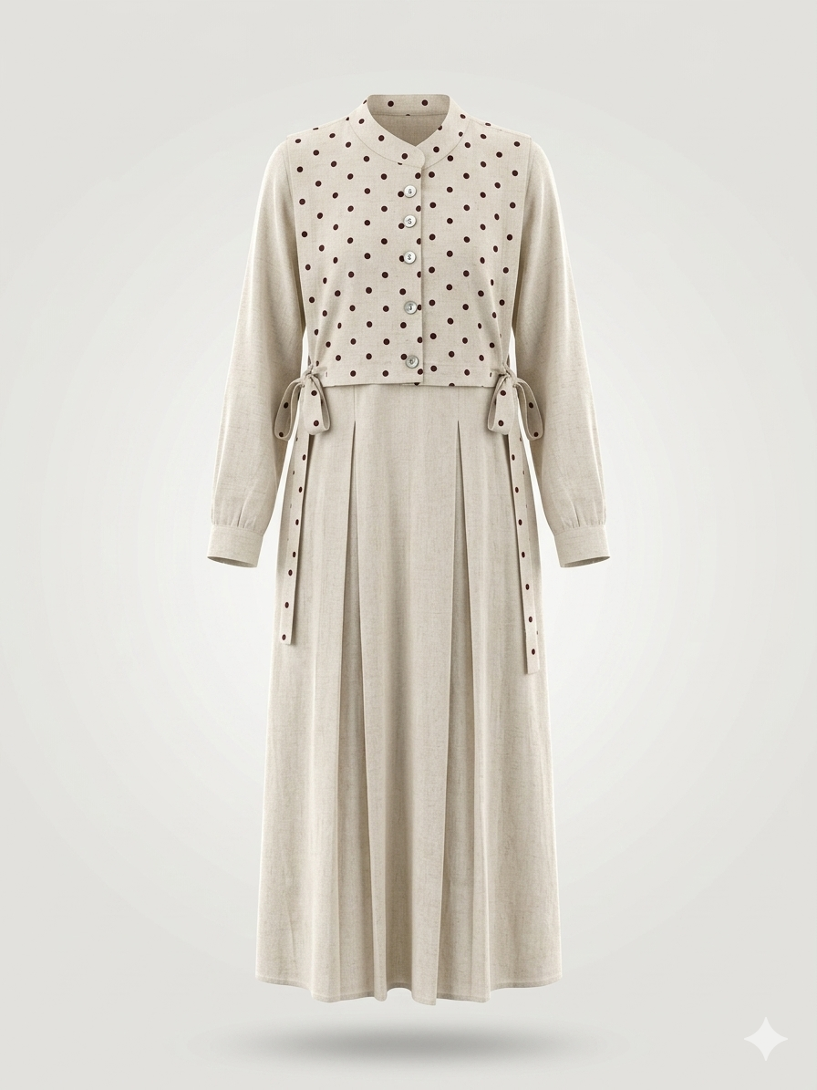 Polka-Dot Bib Layered Linen Maxi Dress