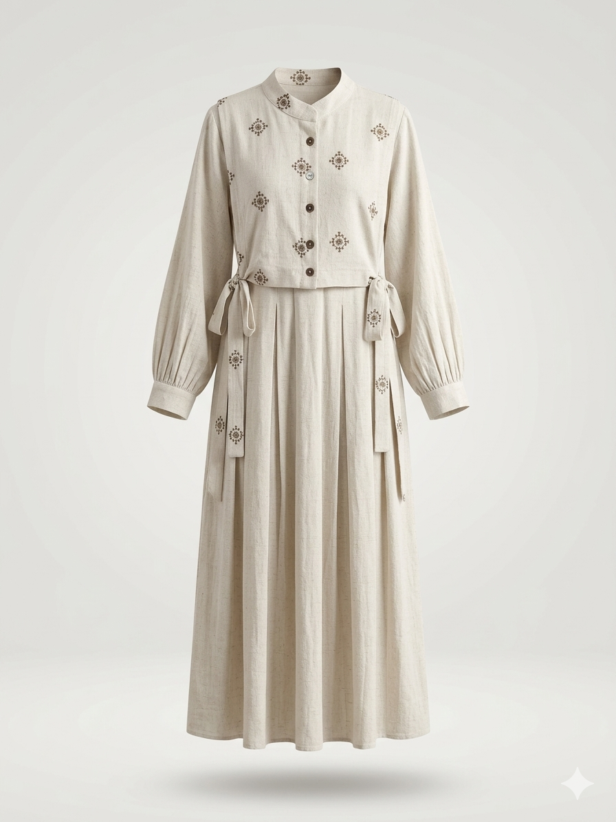 Artisanal Tile-Embroidered Linen Maxi Dress