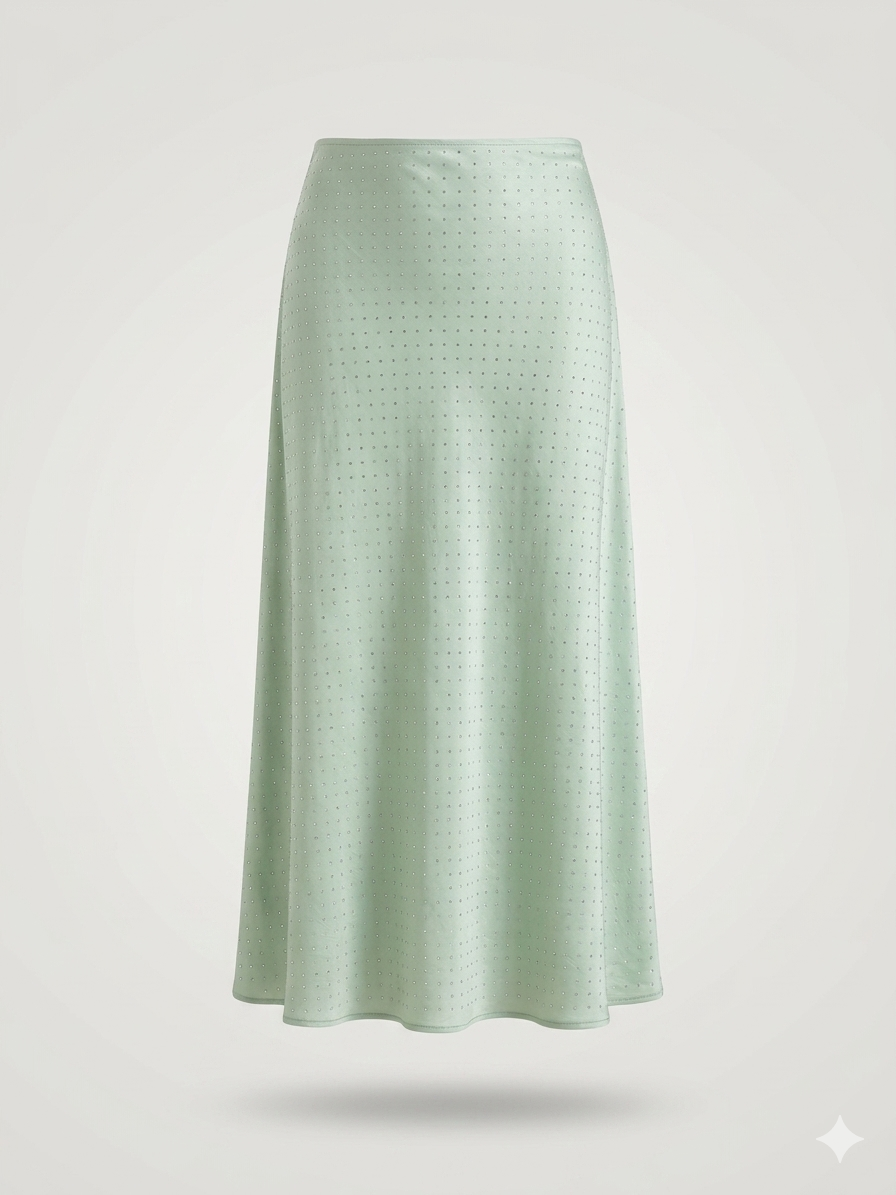 Rhinestone-Embellished Satin Midi Skirt