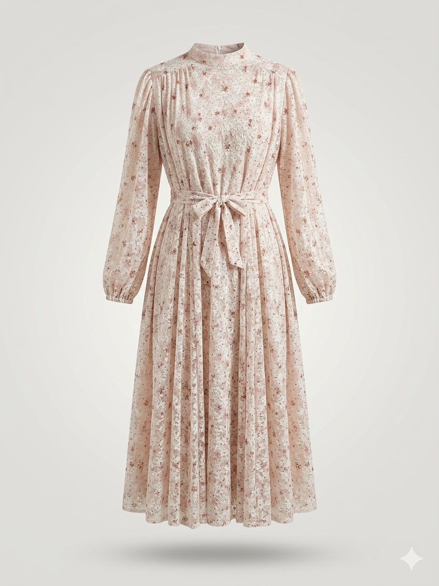 Romantic Floral Lace Overlay Mock-Neck Dress