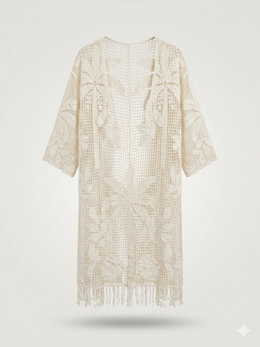 Boho Botanical Open-Front Mesh Cardigan