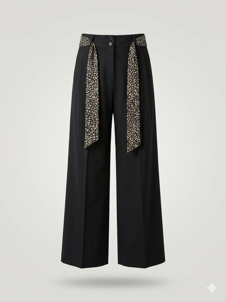 Tailored Wide-Leg Trousers with a Printed Silk Belt Tie