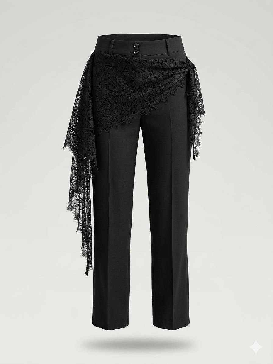 Tailored Straight-Leg Trousers with an Asymmetric Lace Overlay